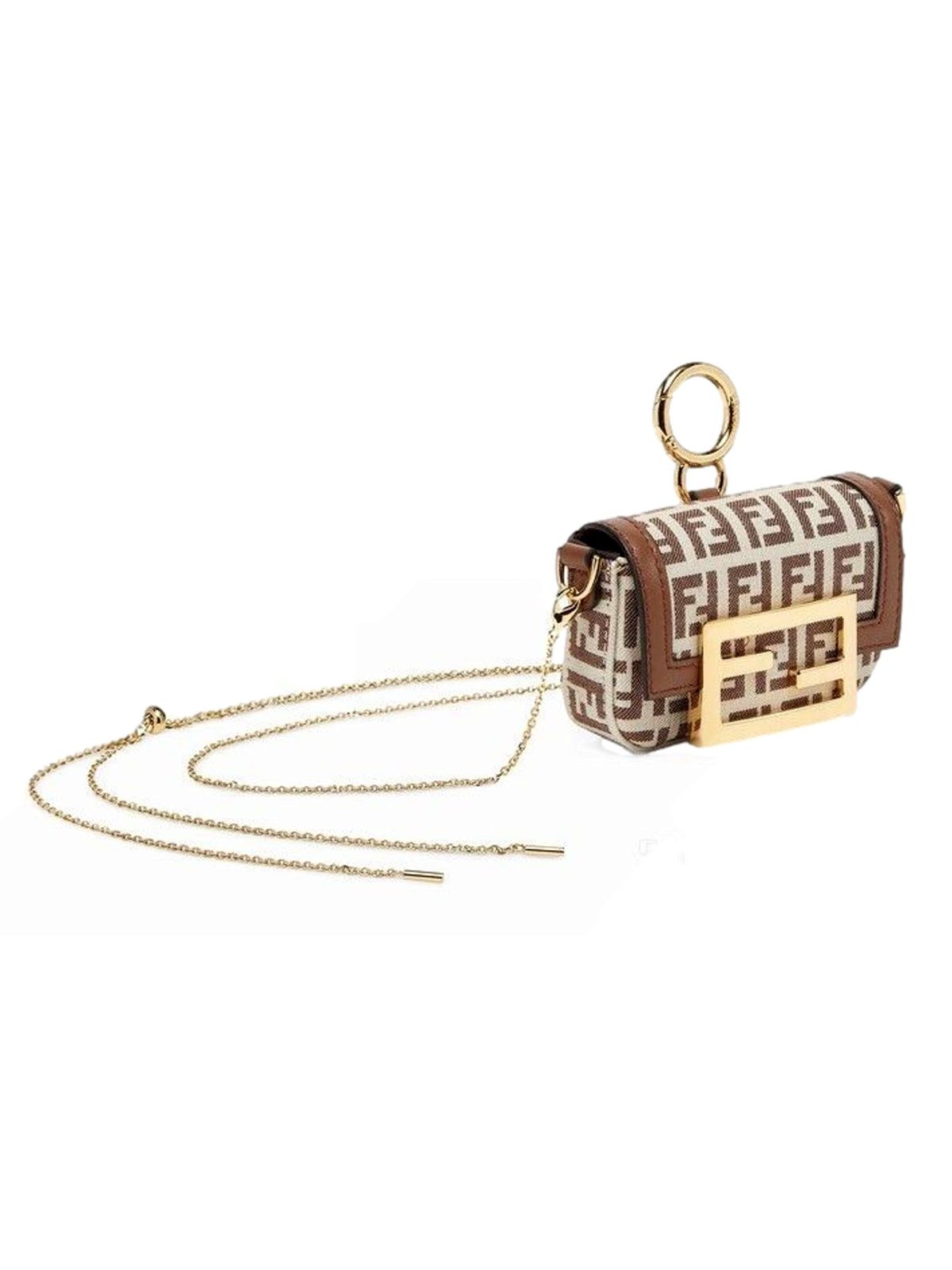 Fendi FF Canvas Nano Baguette Charm Crossbody Bag Brown White Gold Hardware