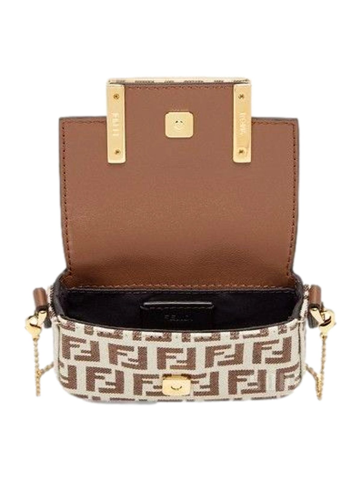 Fendi FF Canvas Nano Baguette Charm Crossbody Bag Brown White Gold Hardware