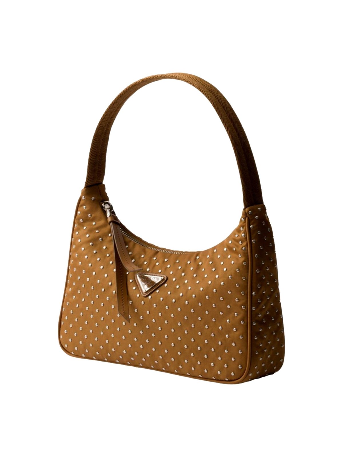 Prada Re-Edition Studded Nylon Mini Shoulder Bag in Brown with Silver Hardware