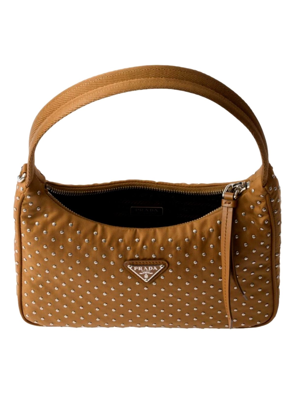 Prada Re-Edition Studded Nylon Mini Shoulder Bag in Brown with Silver Hardware