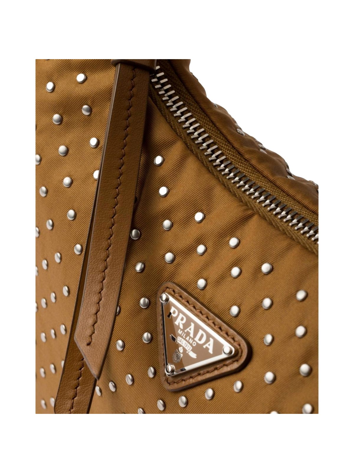 Prada Re-Edition Studded Nylon Mini Shoulder Bag in Brown with Silver Hardware