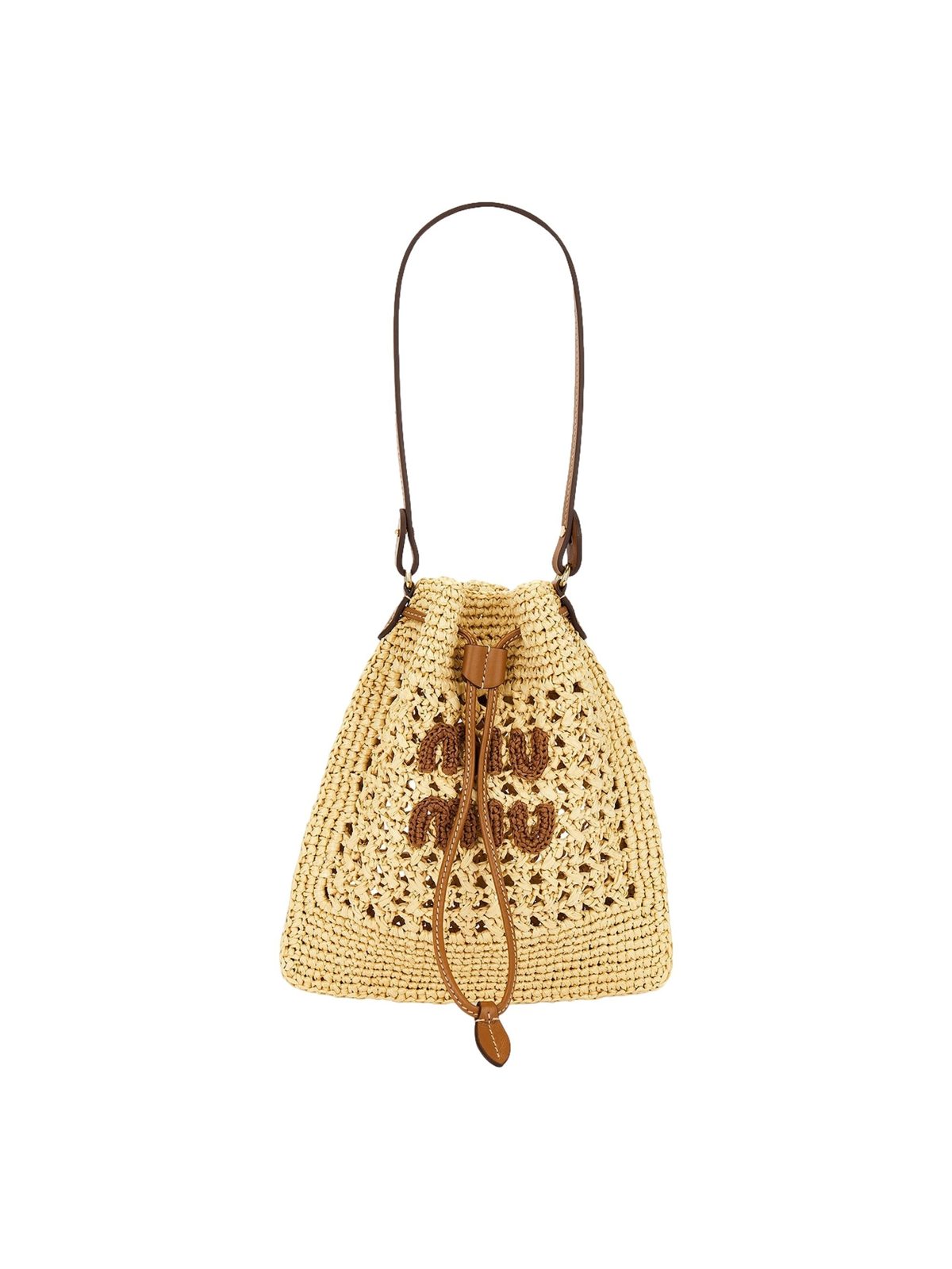 Miu Miu Woven Raffia Mini Bucket Bag in Beige and Brown