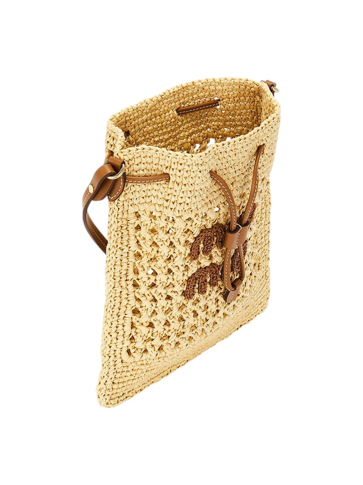 Miu Miu Woven Raffia Mini Bucket Bag in Beige and Brown