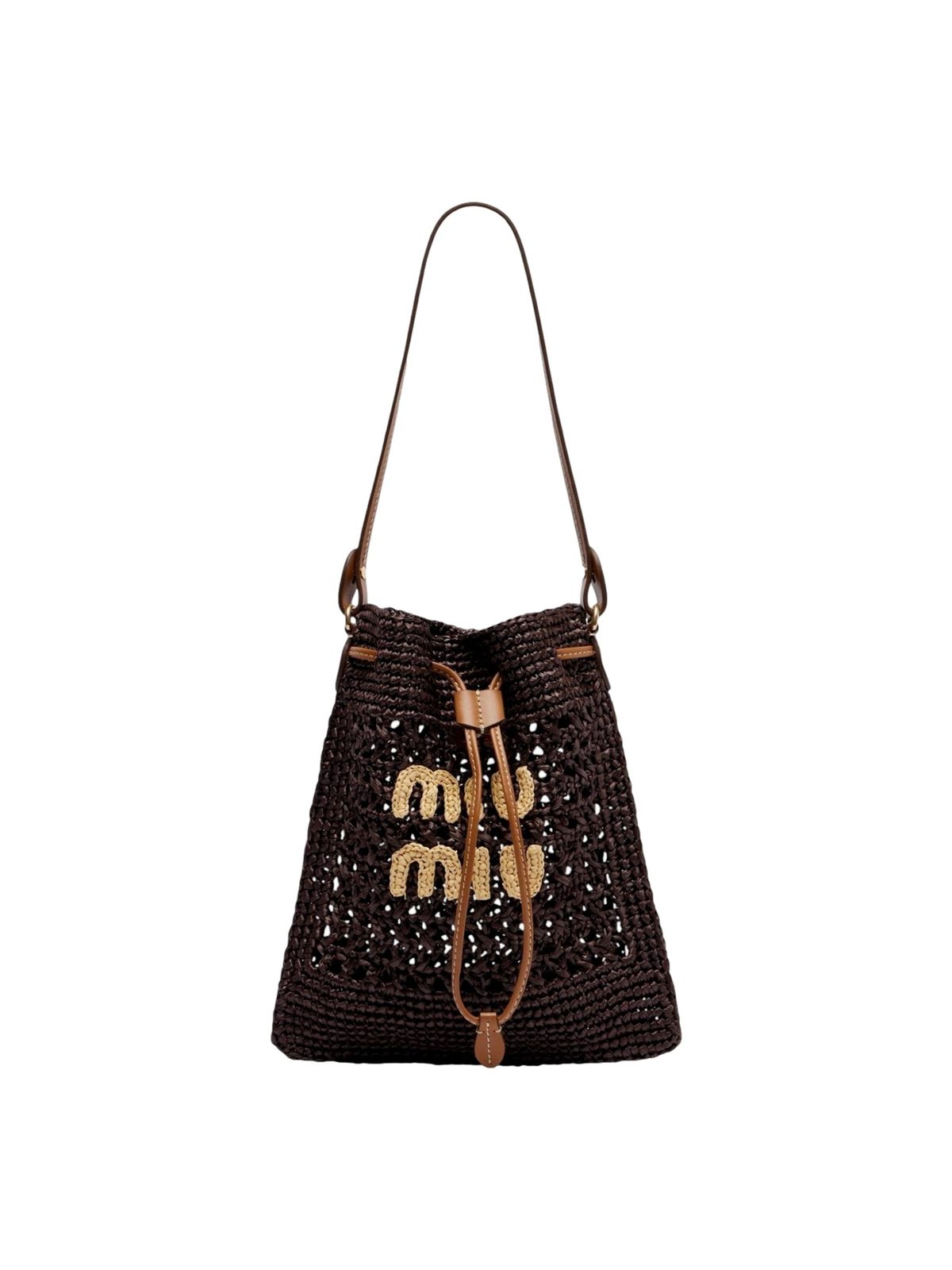 Miu Miu Woven Raffia Mini Bucket Bag in Chocolate Brown