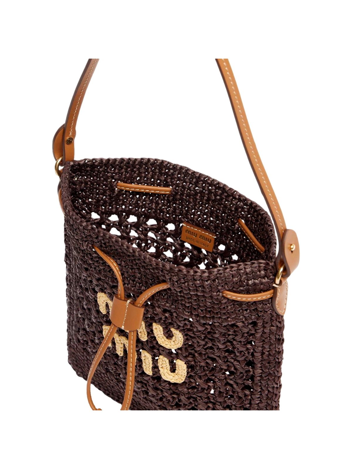 Miu Miu Woven Raffia Mini Bucket Bag in Chocolate Brown
