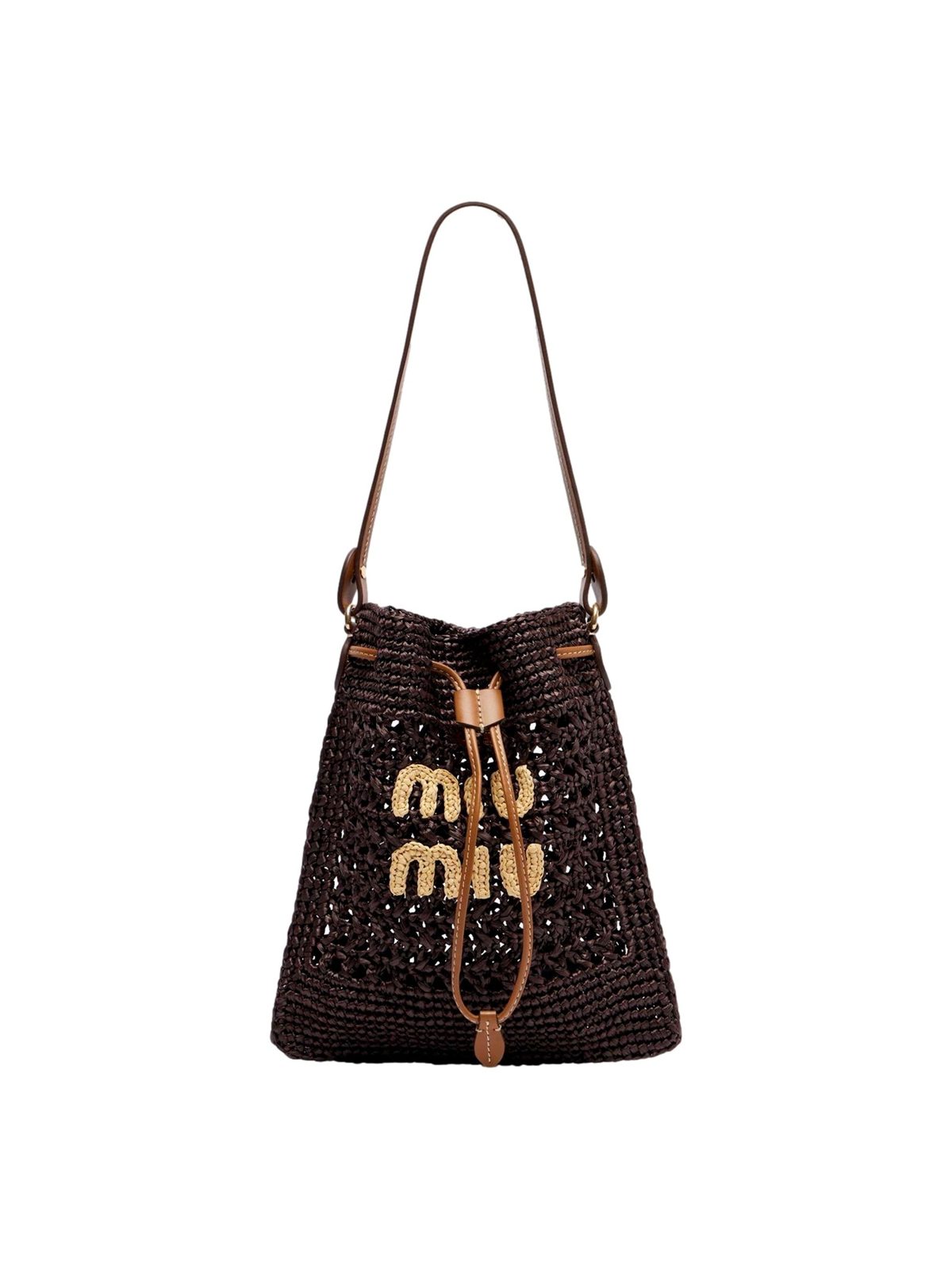 Miu Miu Woven Raffia Mini Bucket Bag in Chocolate Brown