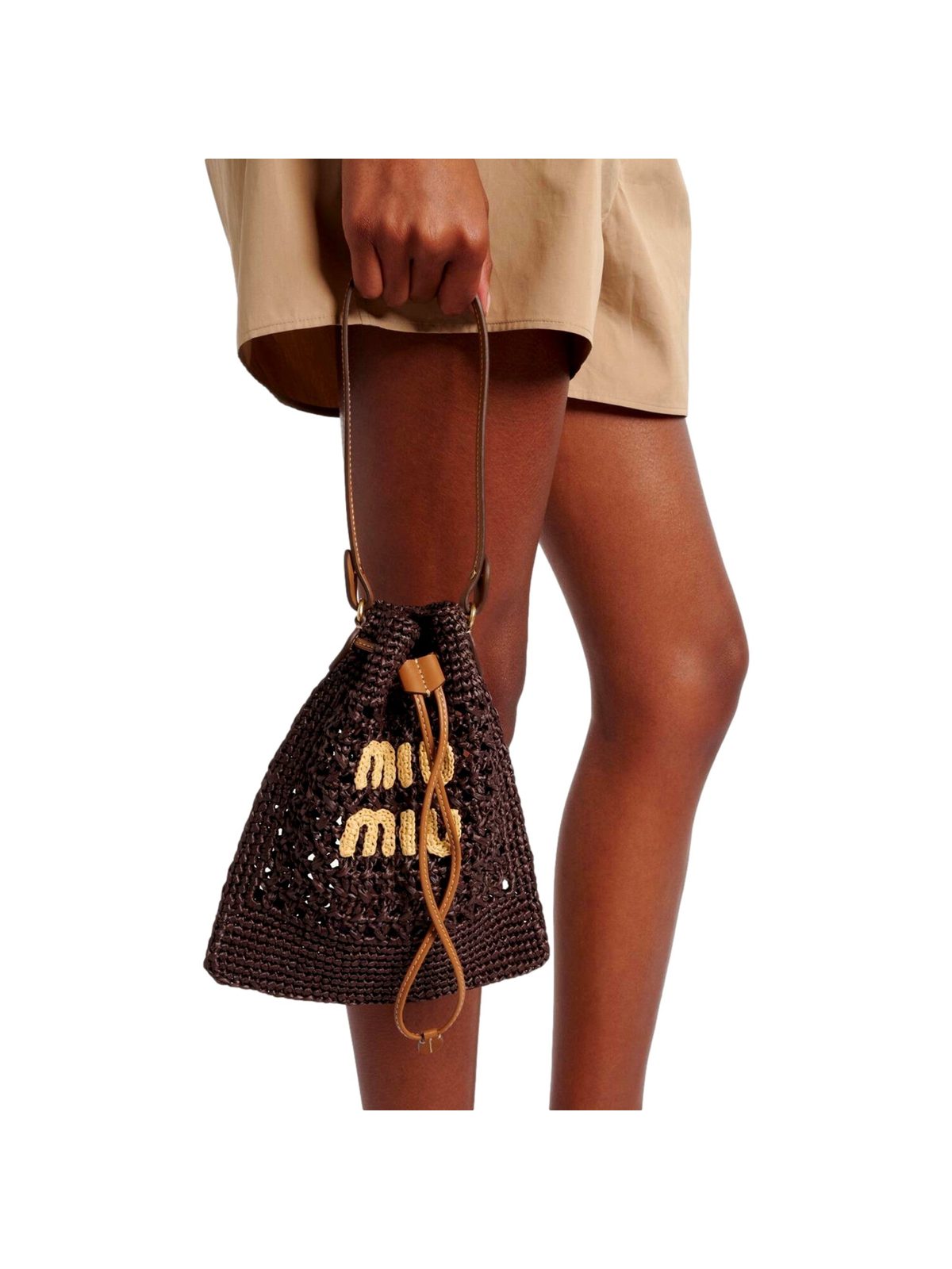 Miu Miu Woven Raffia Mini Bucket Bag in Chocolate Brown