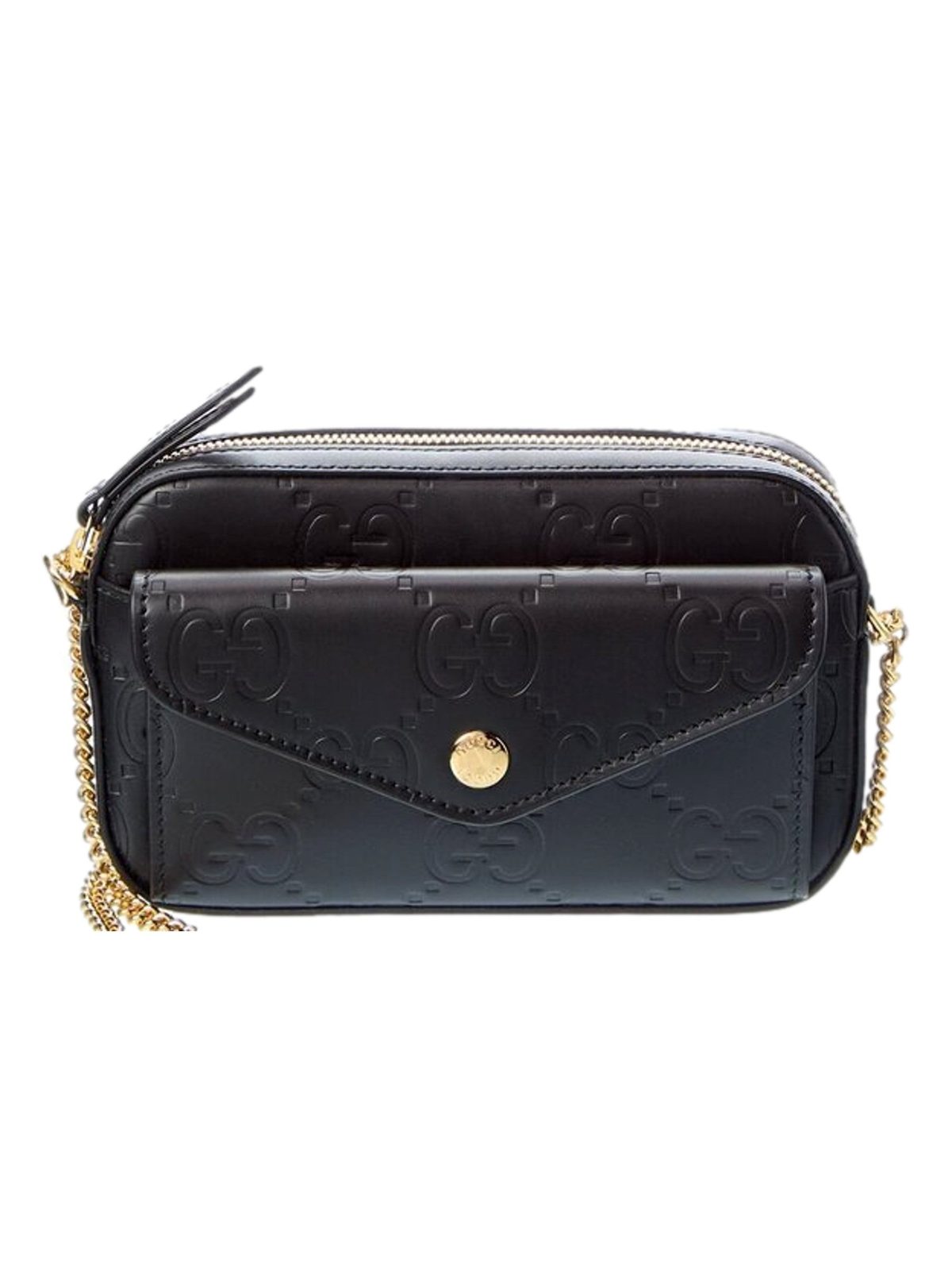 Gucci Gilbert Black Guccissima Leather Double Zip Camera Crossbody Bag Gold Chain