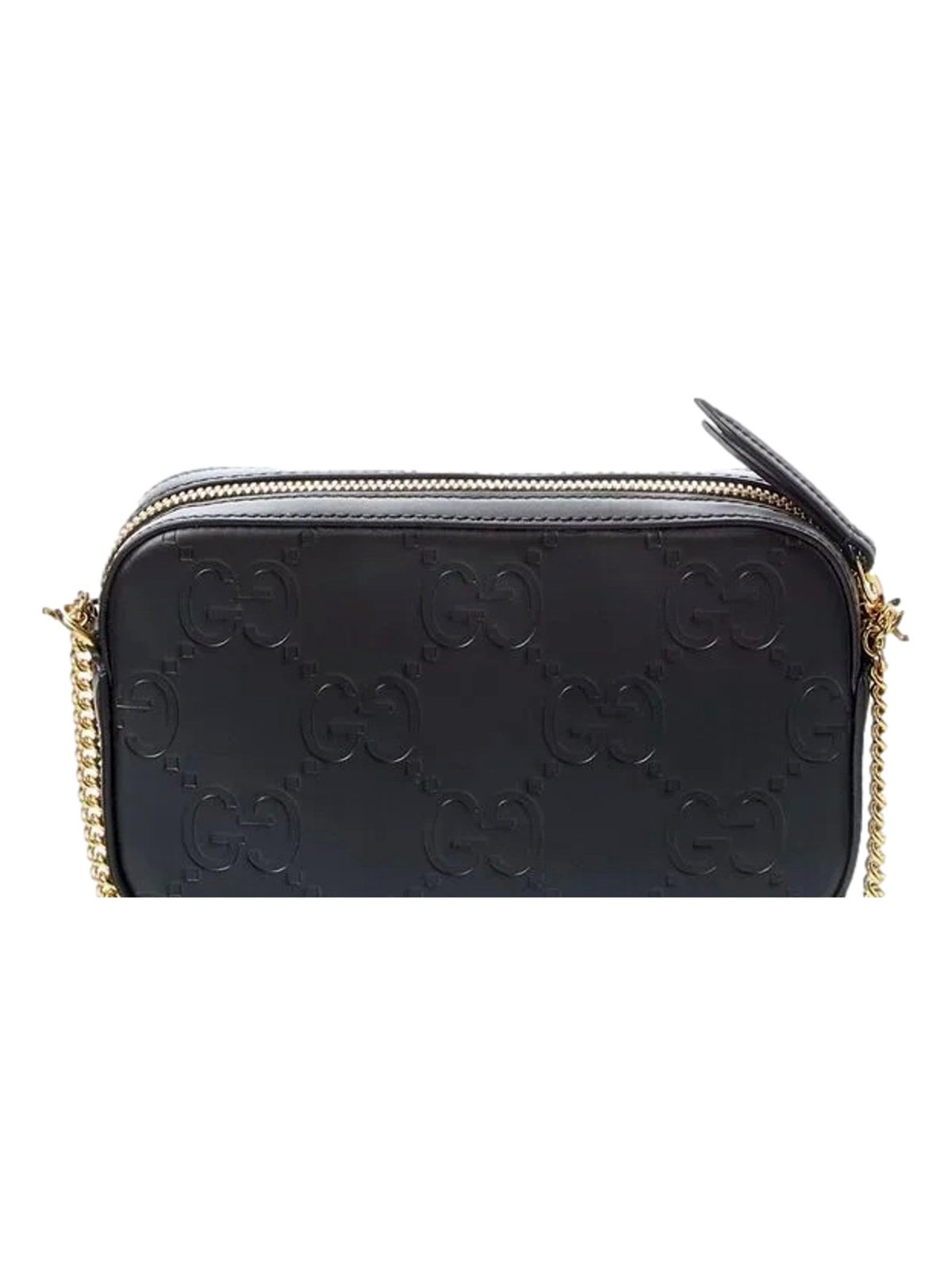 Gucci Gilbert Black Guccissima Leather Double Zip Camera Crossbody Bag Gold Chain
