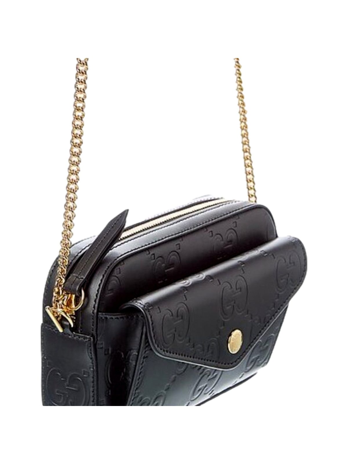 Gucci Gilbert Black Guccissima Leather Double Zip Camera Crossbody Bag Gold Chain
