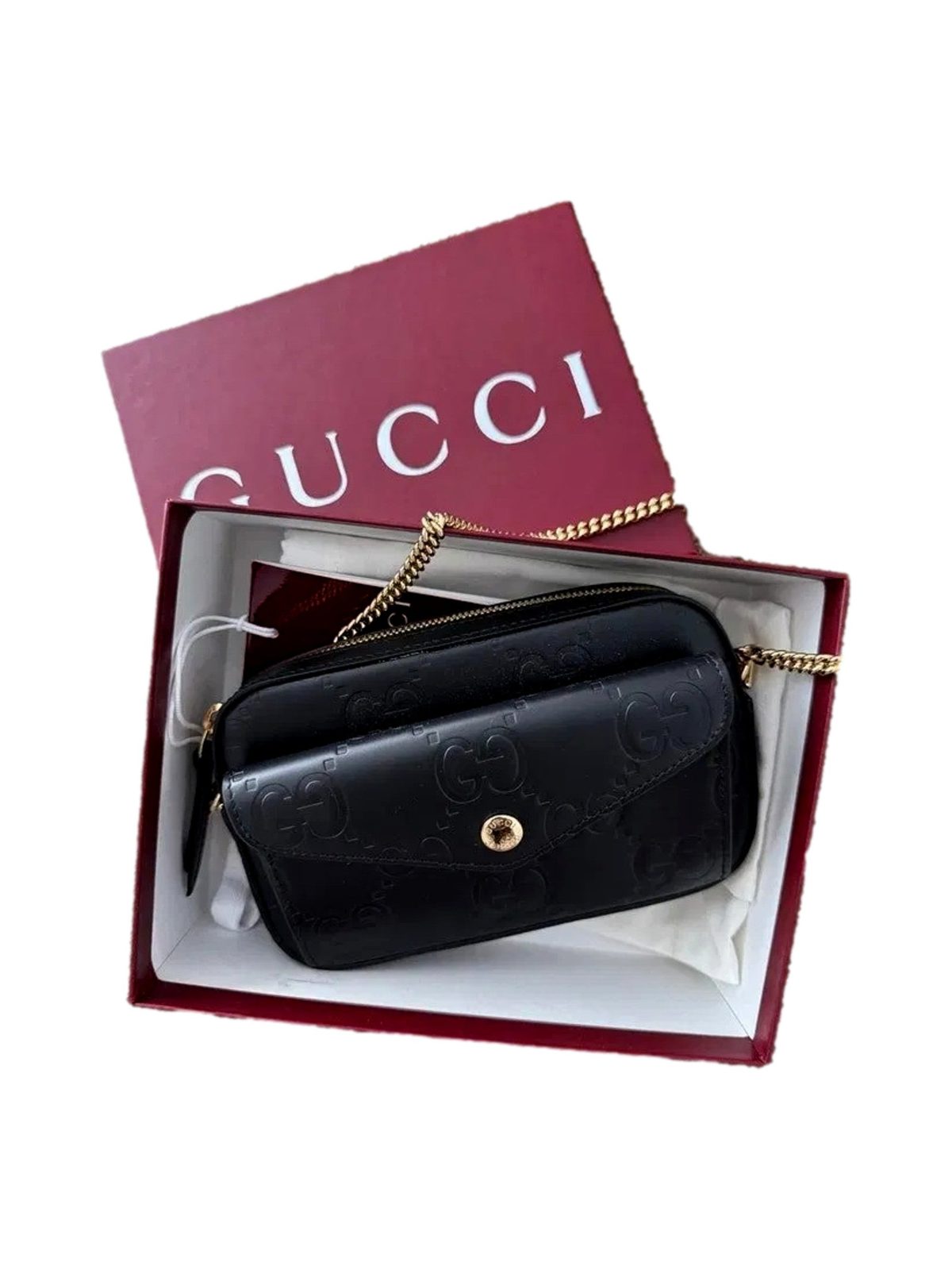 Gucci Gilbert Black Guccissima Leather Double Zip Camera Crossbody Bag Gold Chain
