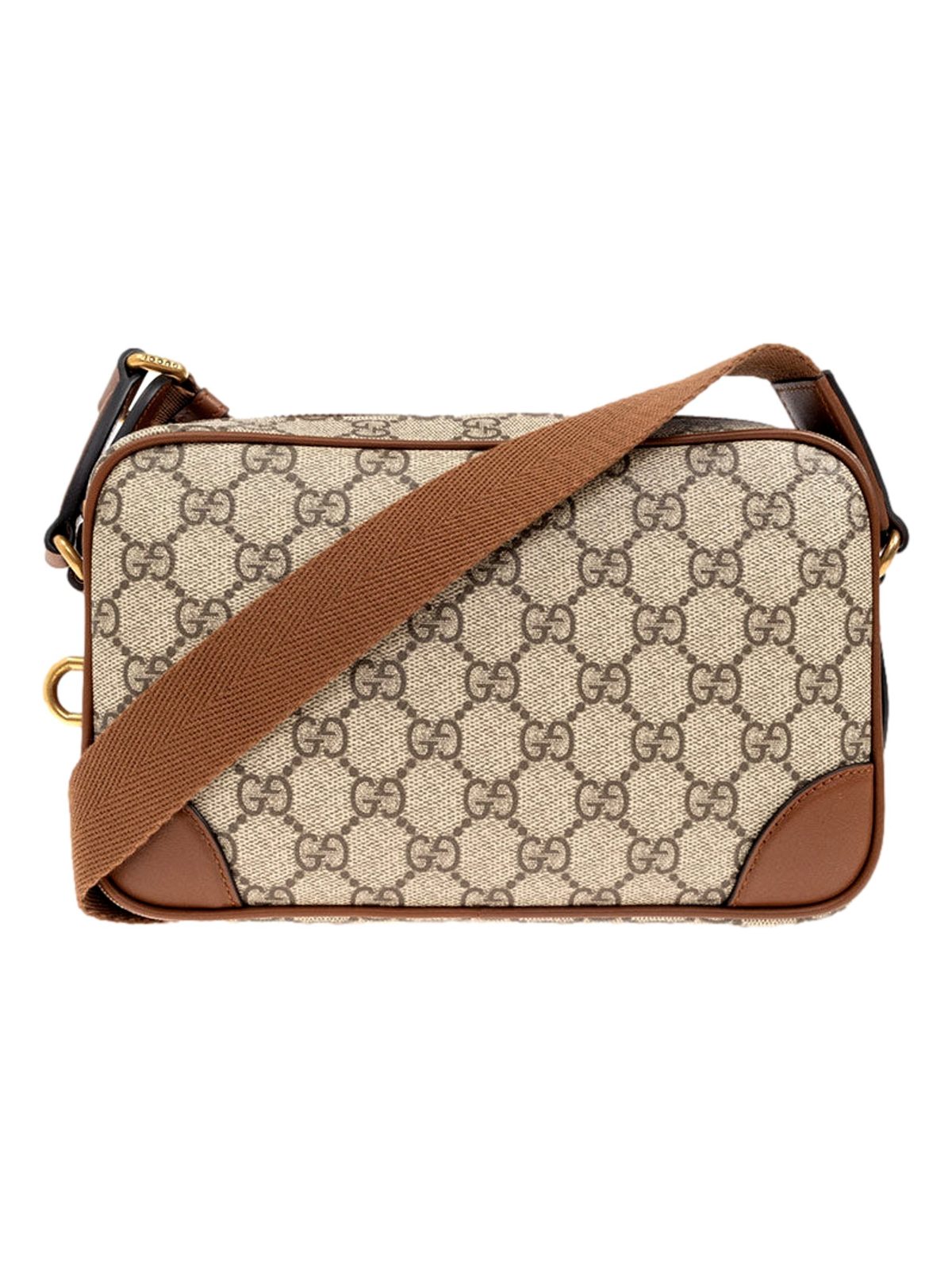 Gucci GG Supreme Canvas Brown Leather Camera Bag Crossbody