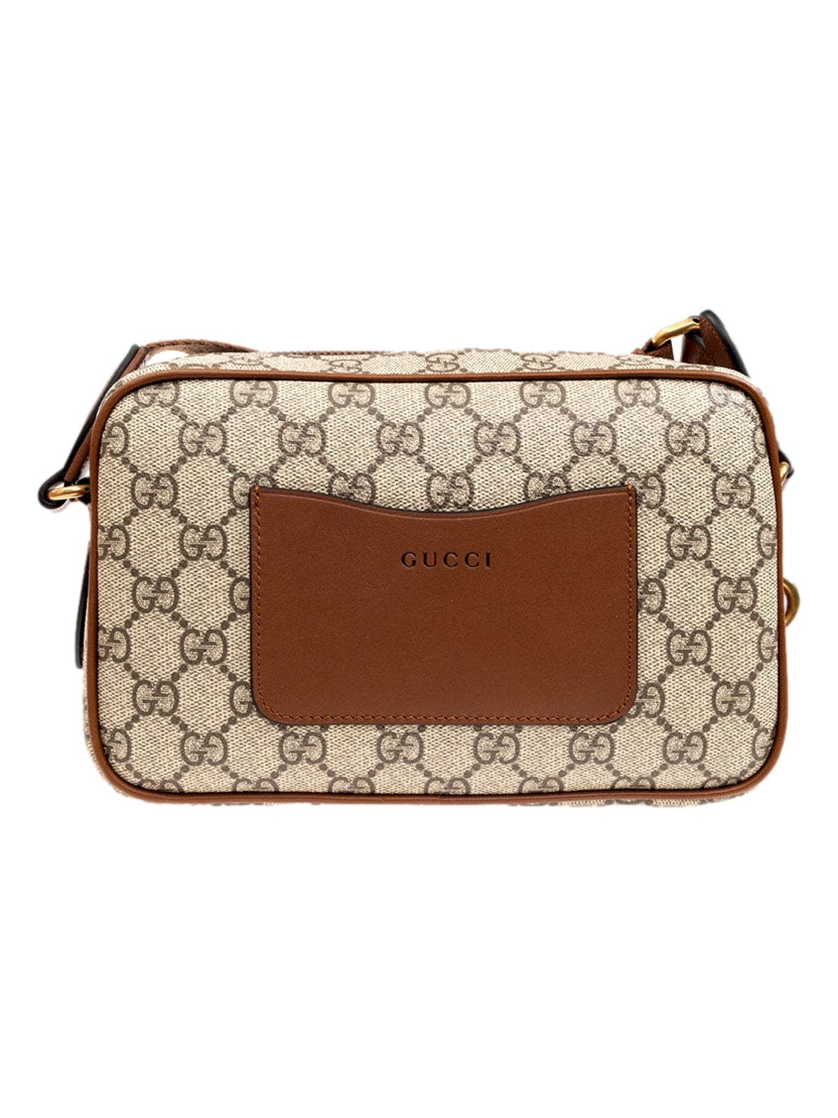 Gucci GG Supreme Canvas Brown Leather Camera Bag Crossbody