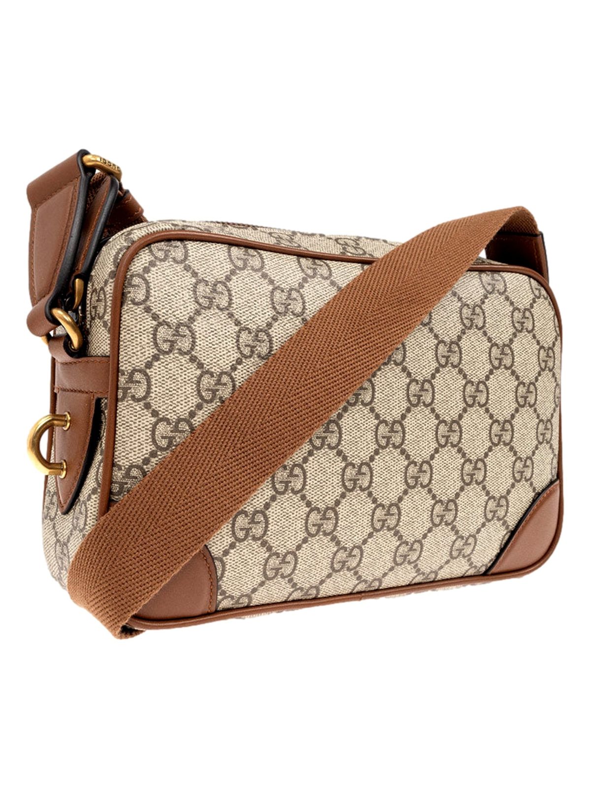 Gucci GG Supreme Canvas Brown Leather Camera Bag Crossbody