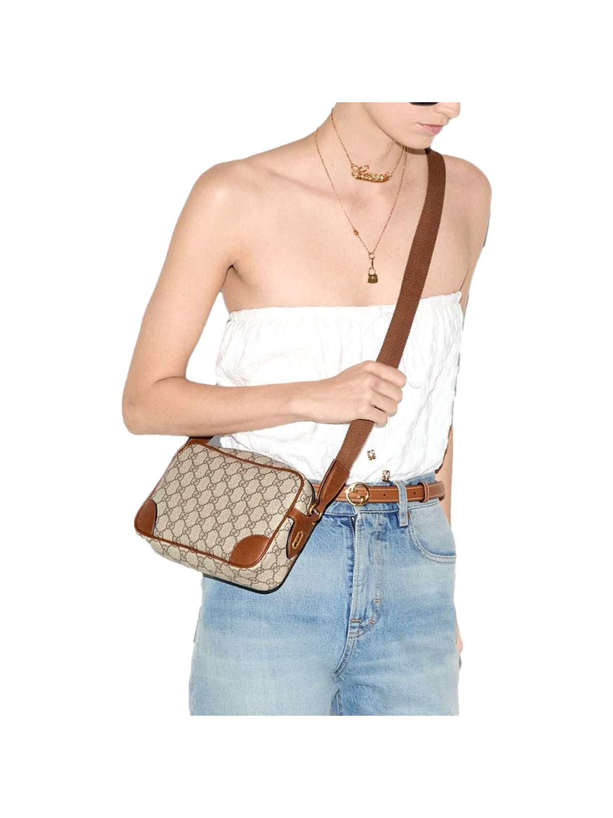 Gucci GG Supreme Canvas Brown Leather Camera Bag Crossbody