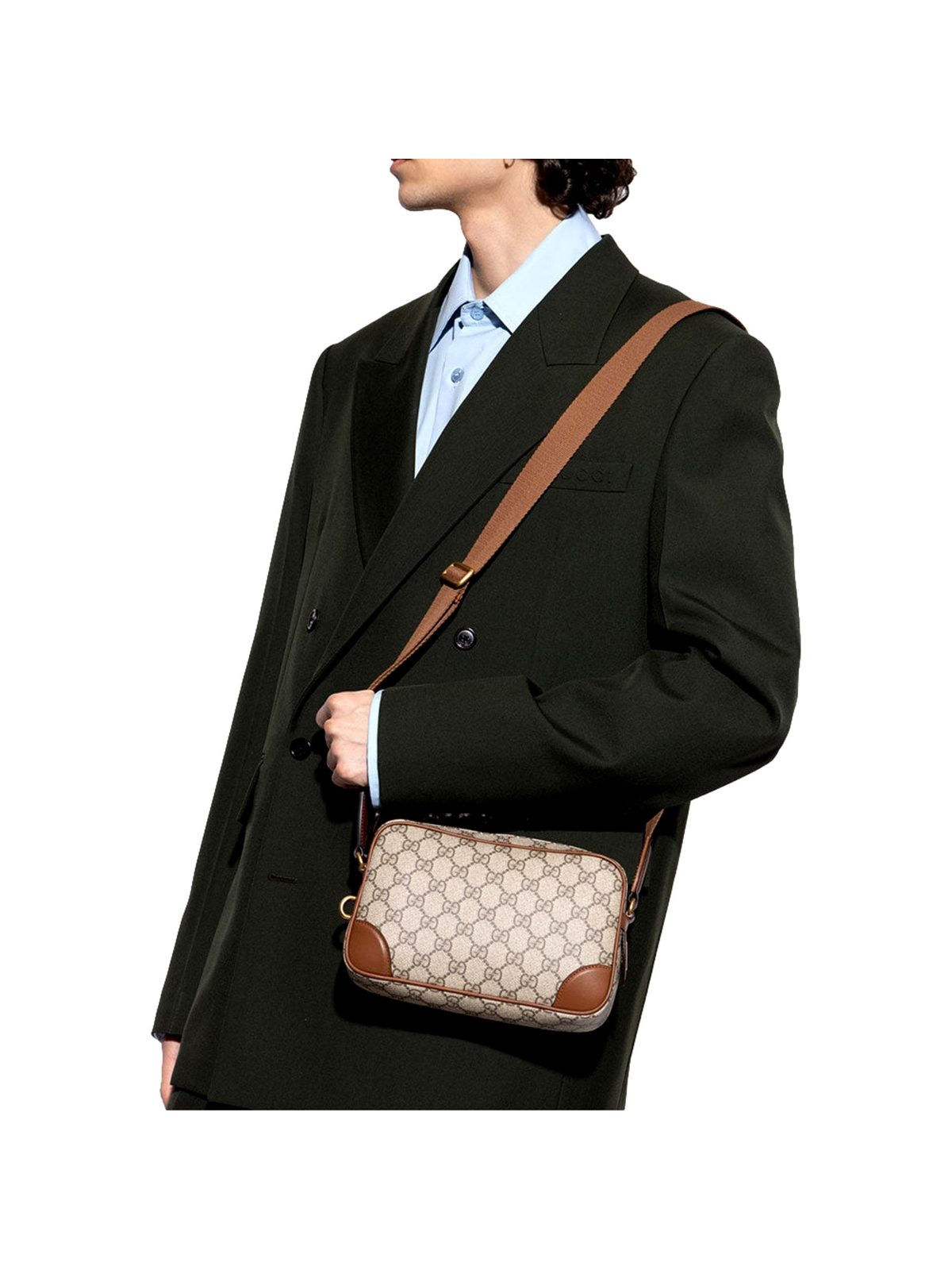 Gucci GG Supreme Canvas Brown Leather Camera Bag Crossbody