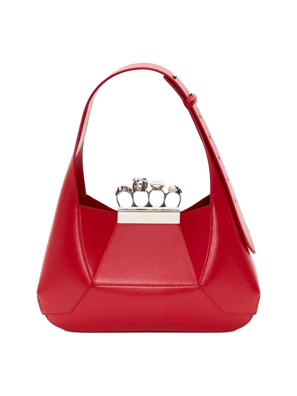 Alexander McQueen The Jewelled Hobo Bag in Red Leather with Silver Knuckle