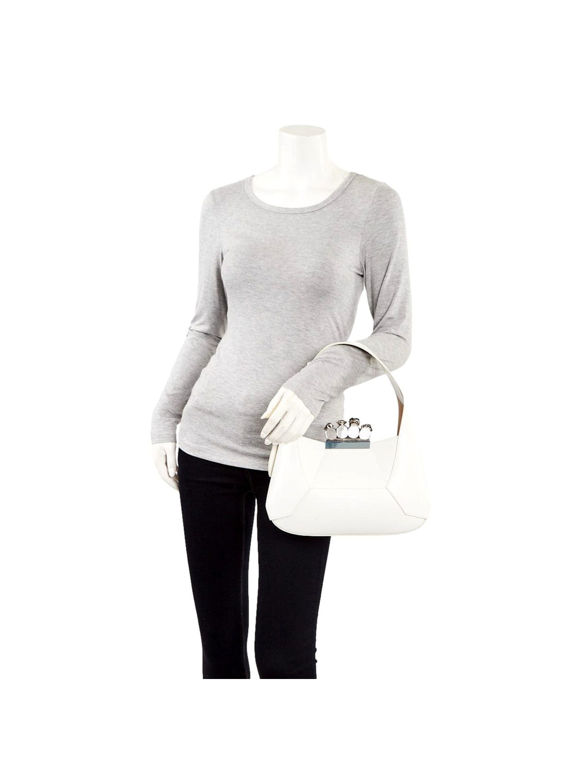 Alexander McQueen The Jewelled Hobo Bag in White Leather with Silver Knuckle