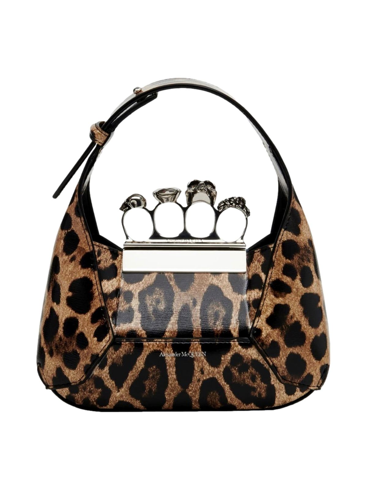 Alexander McQueen Leopard Print Jewelled Shoulder Bag Skull Knuckle