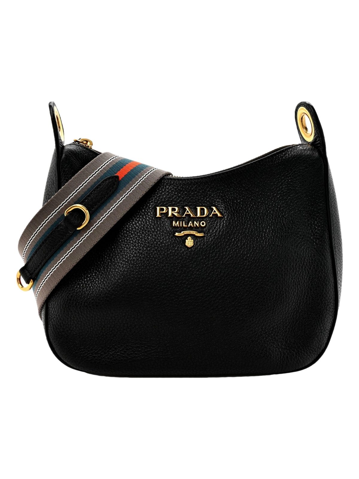 Prada Vitello Phenix Zippered Messenger Hobo Black Leather Shoulder Bag