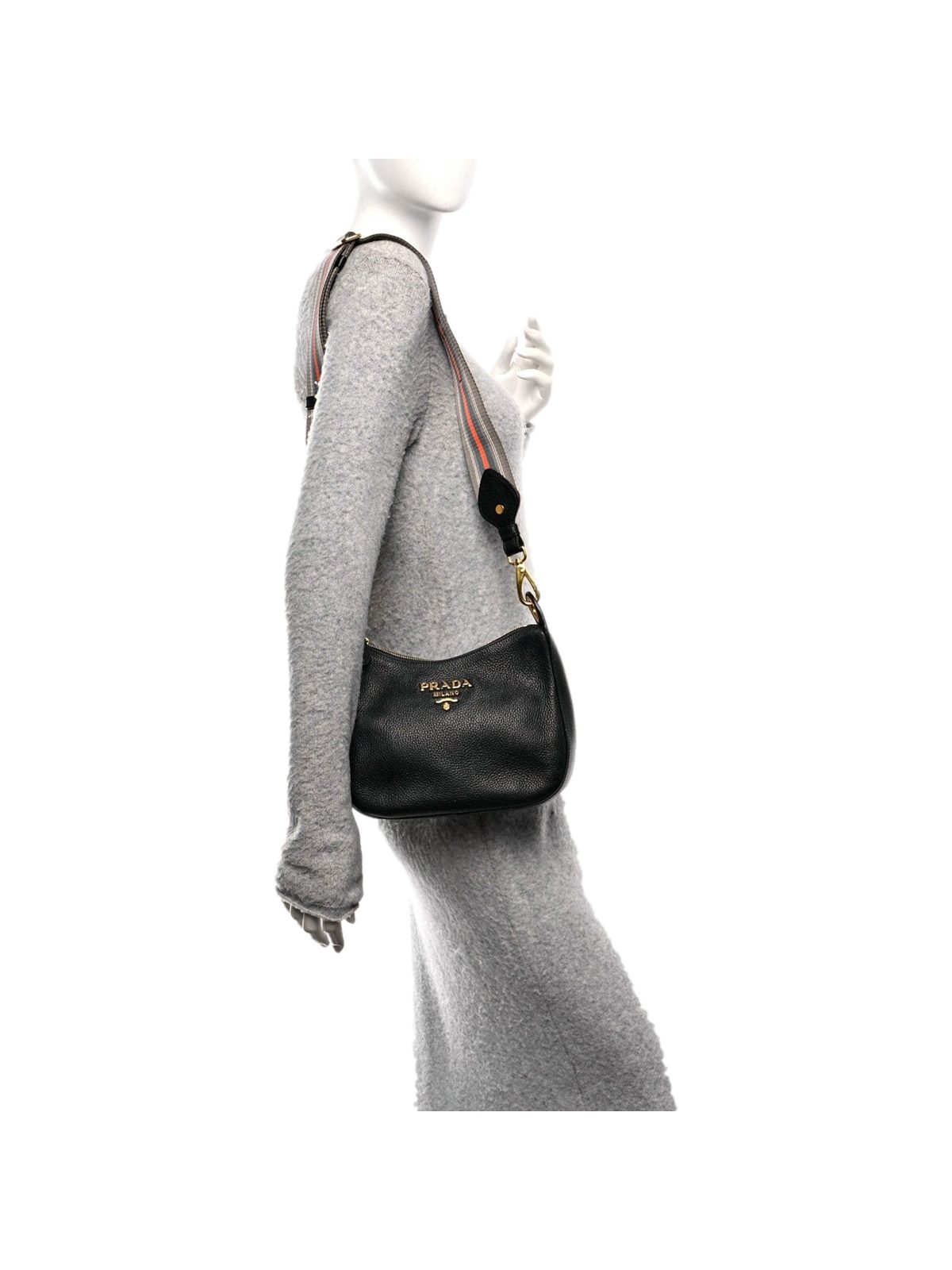 Prada Vitello Phenix Zippered Messenger Hobo Black Leather Shoulder Bag