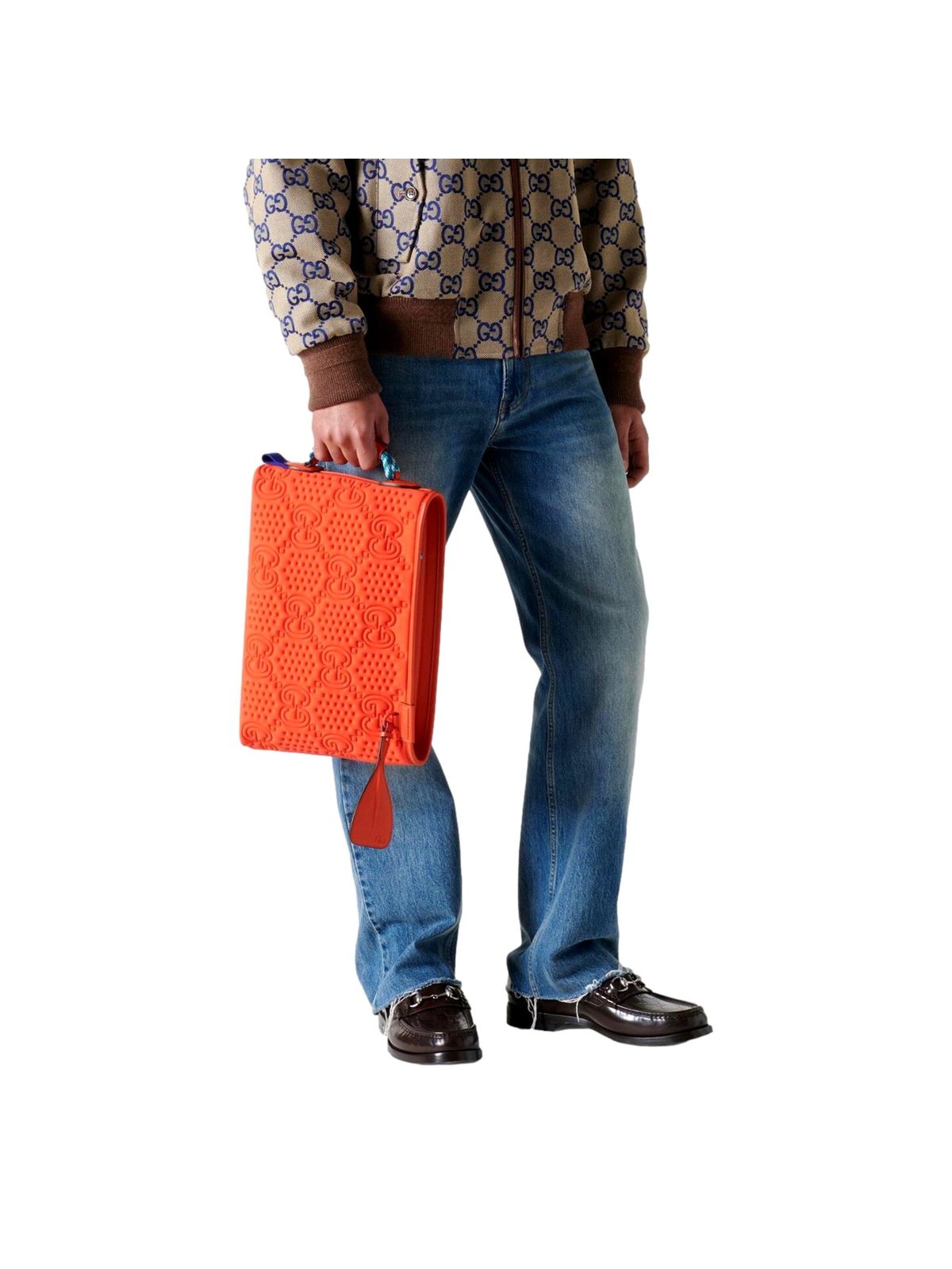 Gucci Off The Grid GG Embossed Orange Rubber Pouch Clutch Bag