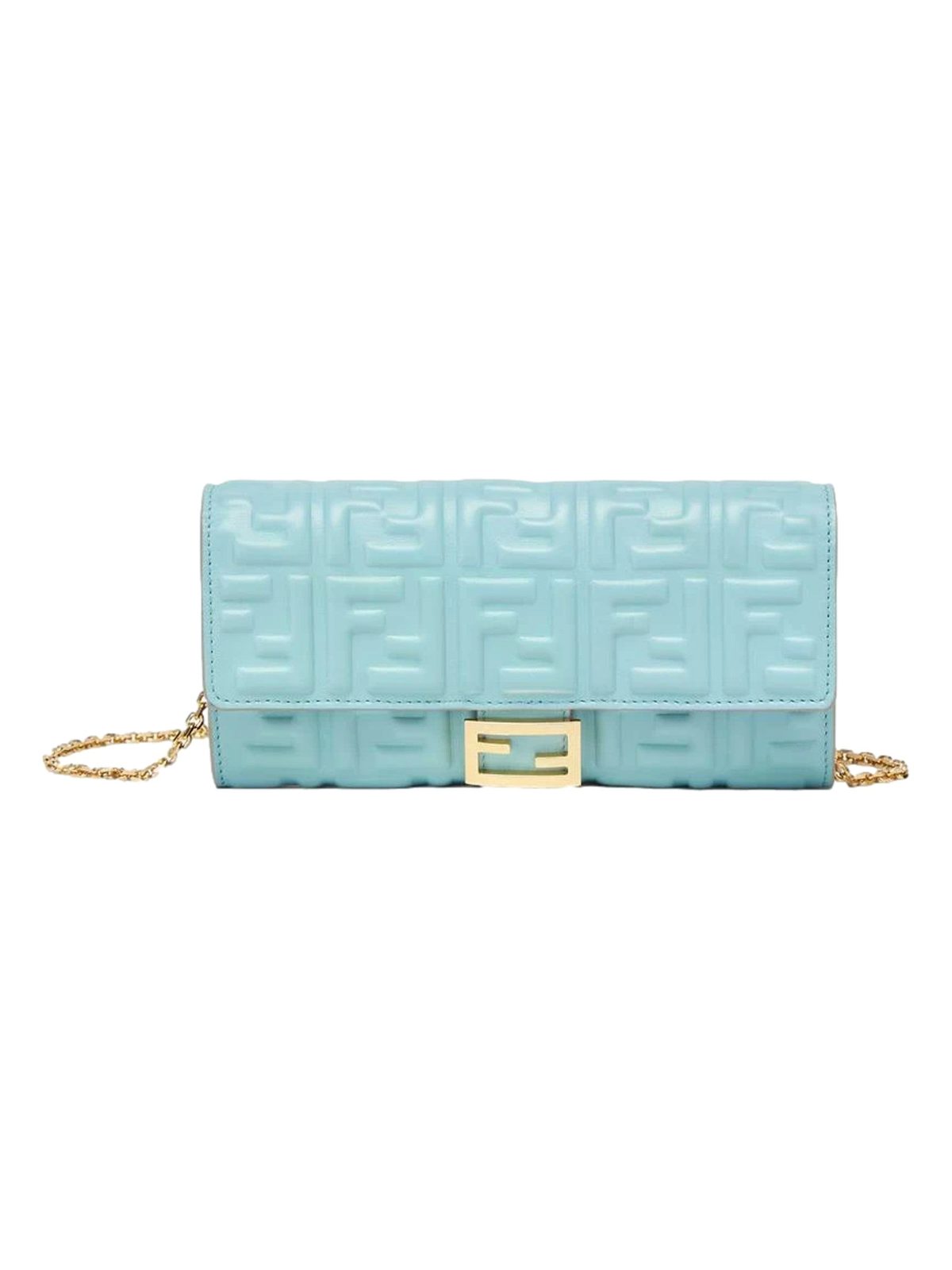 Fendi Baguette FF Embossed Lambskin Wallet on a Chain Crossbody in Light Blue