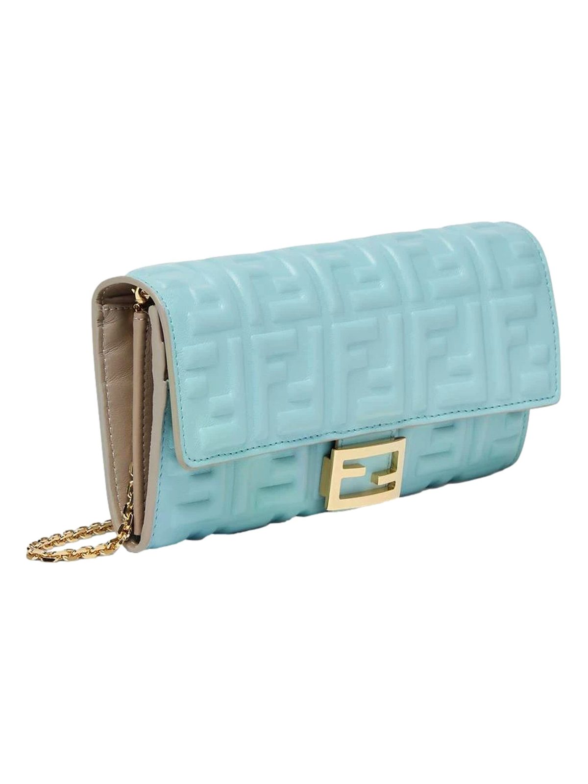 Fendi Baguette FF Embossed Lambskin Wallet on a Chain Crossbody in Light Blue