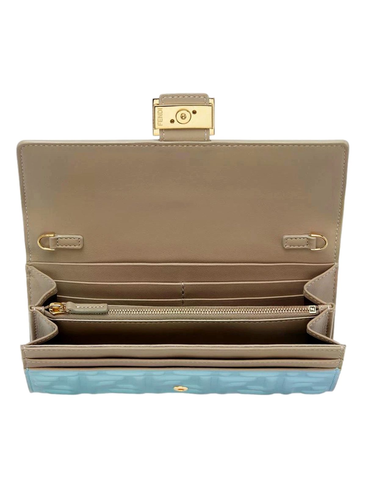 Fendi Baguette FF Embossed Lambskin Wallet on a Chain Crossbody in Light Blue