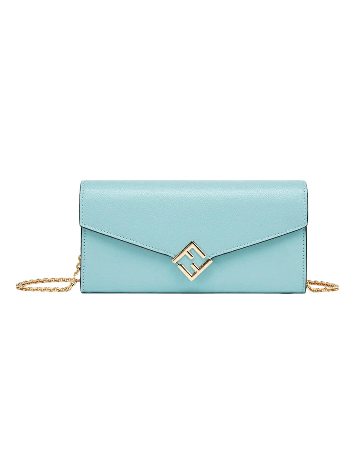 Fendi FF Diamonds Light Blue Calfskin Leather Continental Wallet on Chain Gold Hardware