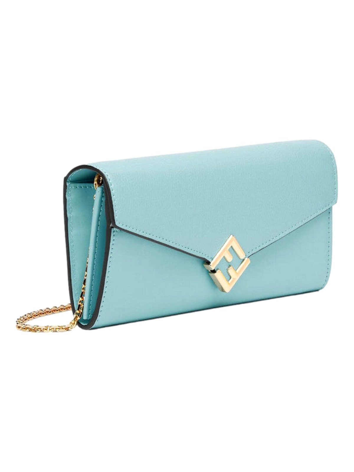 Fendi FF Diamonds Light Blue Calfskin Leather Continental Wallet on Chain Gold Hardware