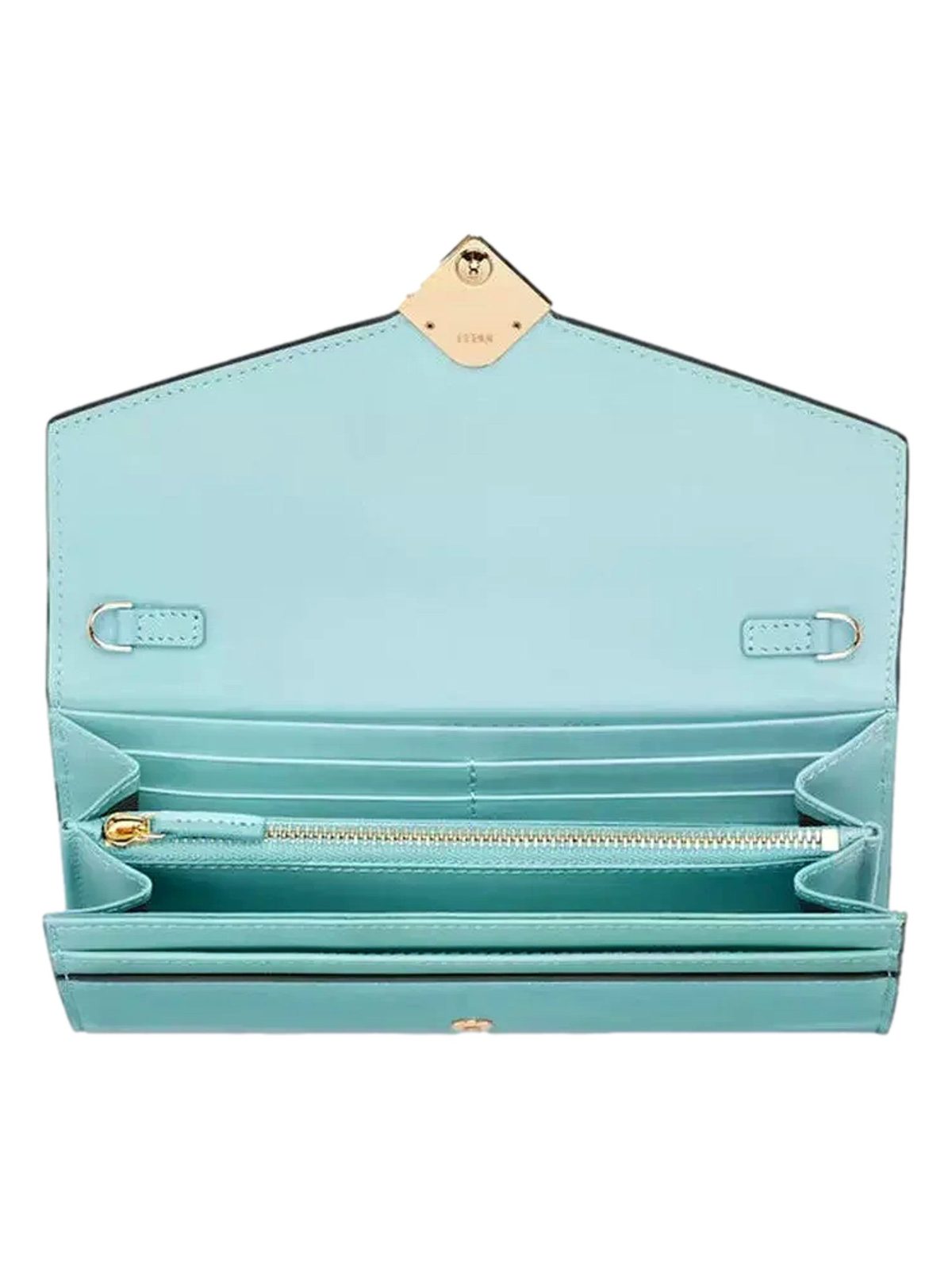 Fendi FF Diamonds Light Blue Calfskin Leather Continental Wallet on Chain Gold Hardware