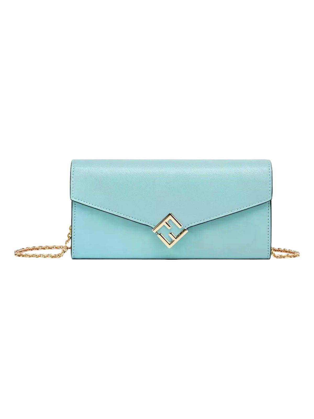 Fendi FF Diamonds Light Blue Calfskin Leather Continental Wallet on Chain Gold Hardware