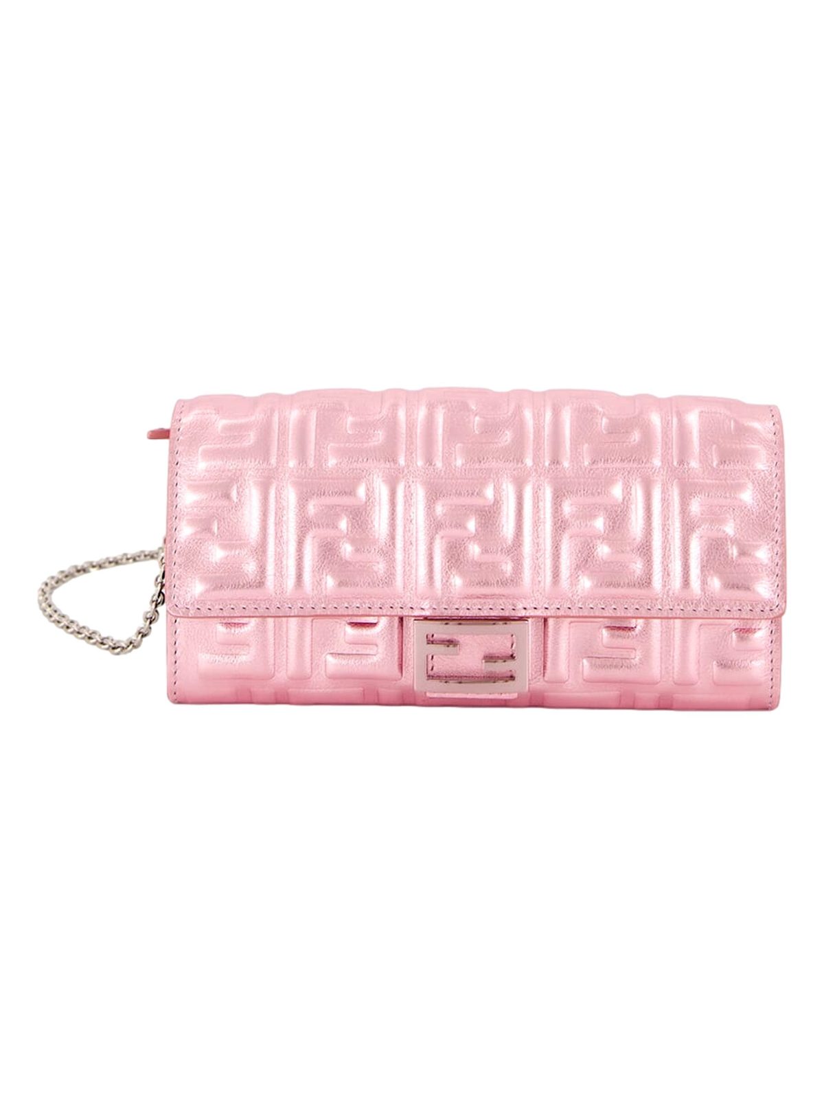 Fendi Baguette Wallet on Chain Metallic Pink FF Embossed Crossbody Bag