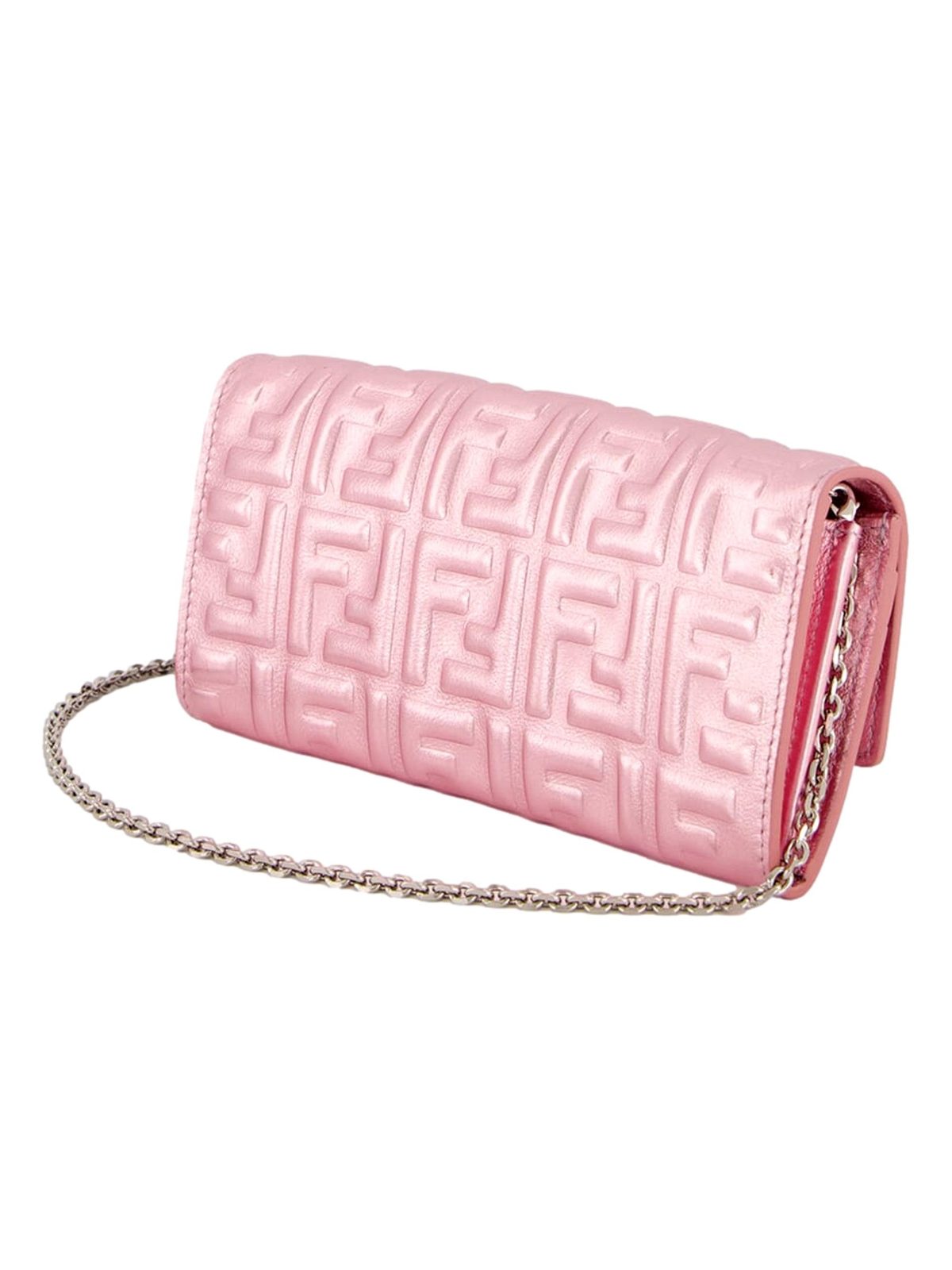 Fendi Baguette Wallet on Chain Metallic Pink FF Embossed Crossbody Bag