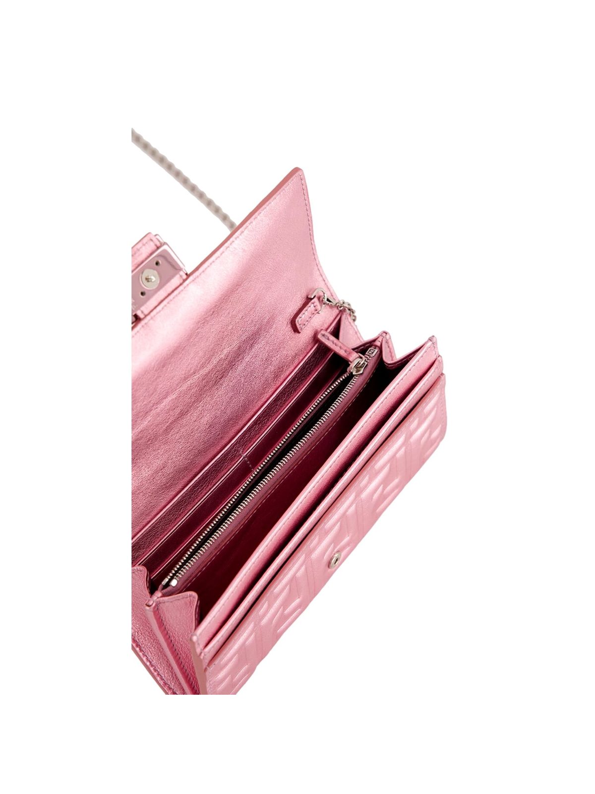 Fendi Baguette Wallet on Chain Metallic Pink FF Embossed Crossbody Bag