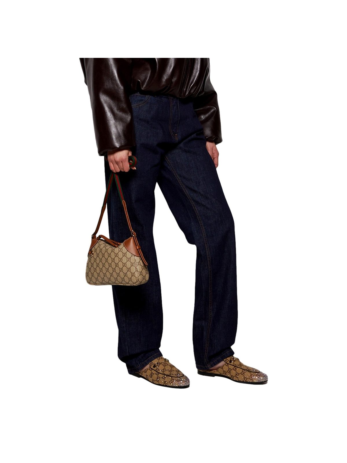 Gucci GG Emblem Supreme Canvas Leather Shoulder Bag Brown Beige