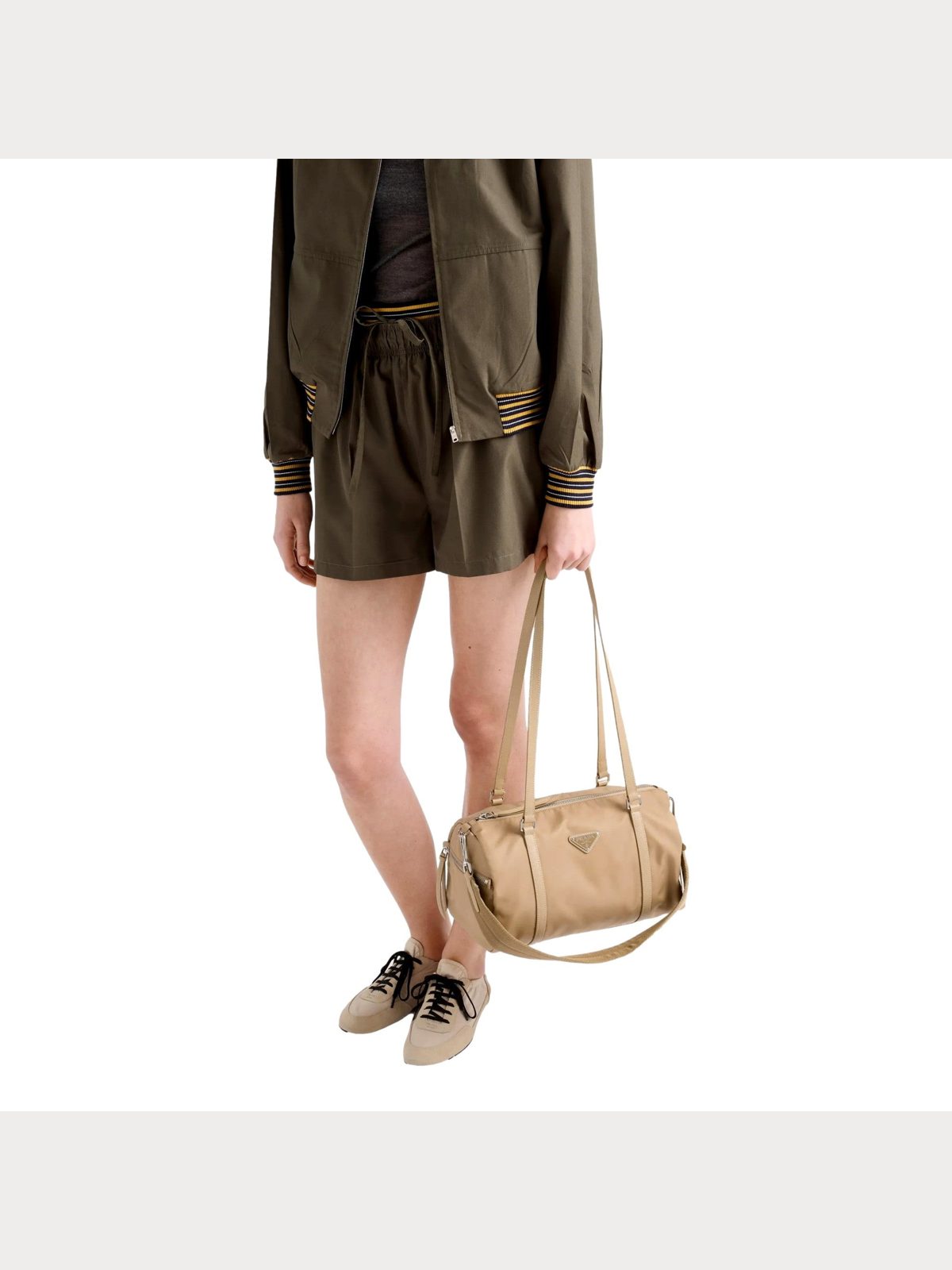 Prada Small Re-Nylon and Saffiano Leather Duffel Bag Camello Beige