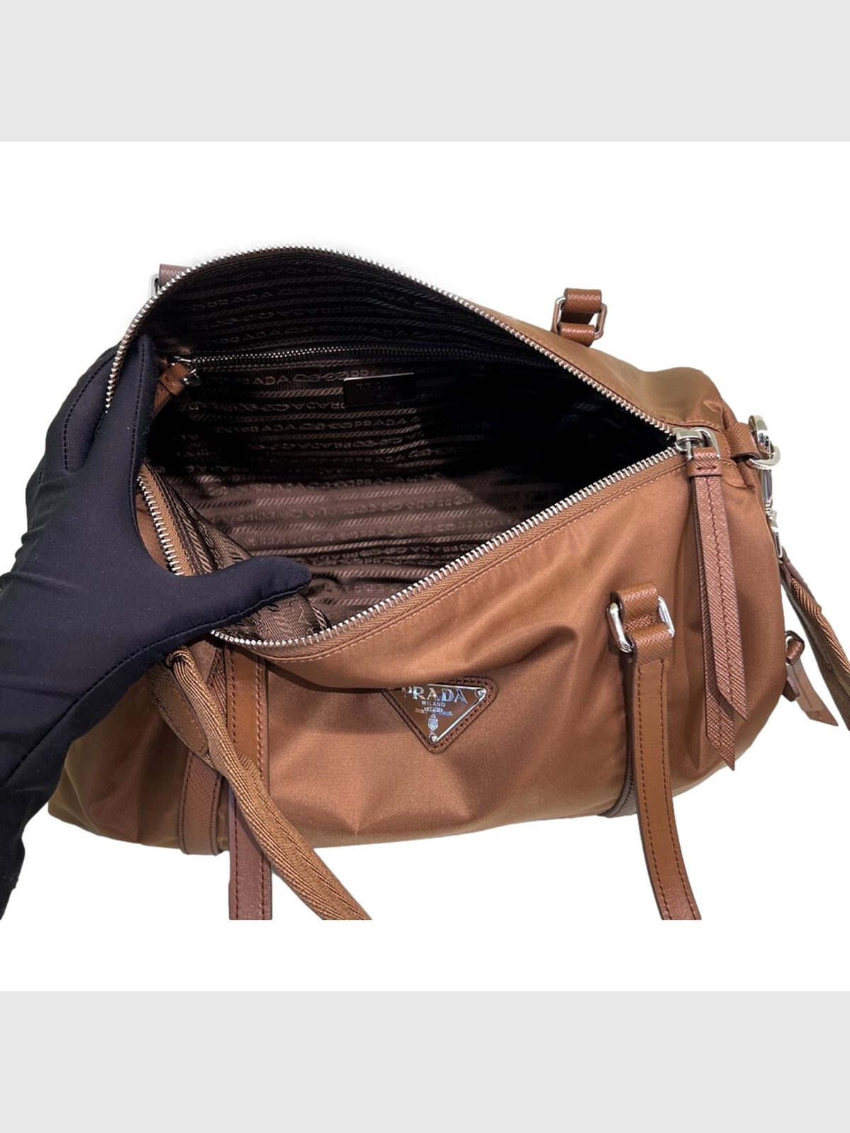 Prada Small Re-Nylon and Saffiano Leather Duffel Bag Brown
